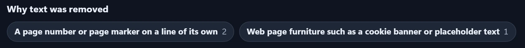 Why text was removed: a page number or page marker, 2; web page furniture, 1