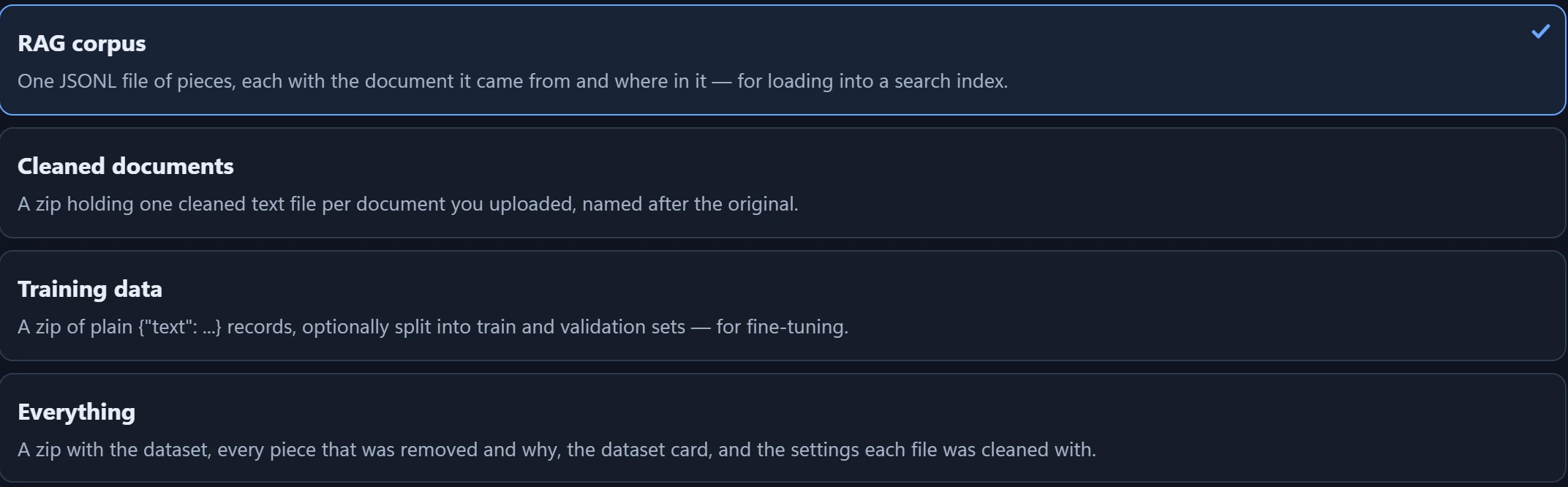 The four kinds of export: RAG corpus, Cleaned documents, Training data, Everything